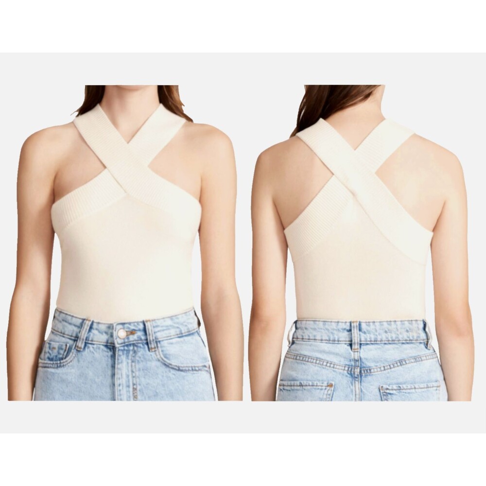 BB Dakota Steve Madden S Ivory Ribbed Halter Bodysuit Crisscross Backless New
